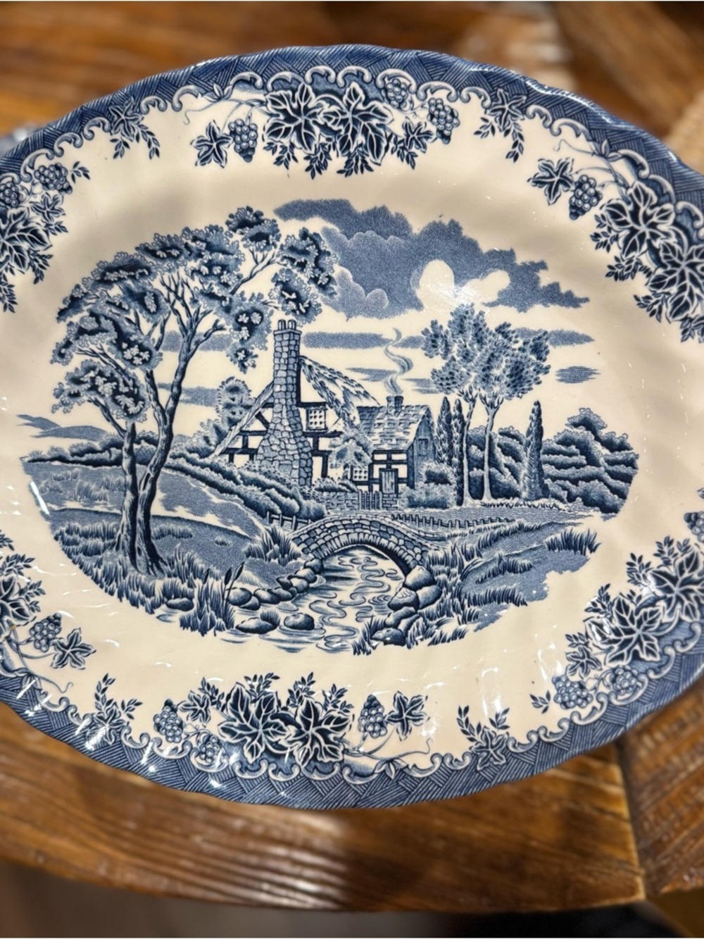 Blue and White Scenic Ceramic Serving Bowl with Cottage Motif